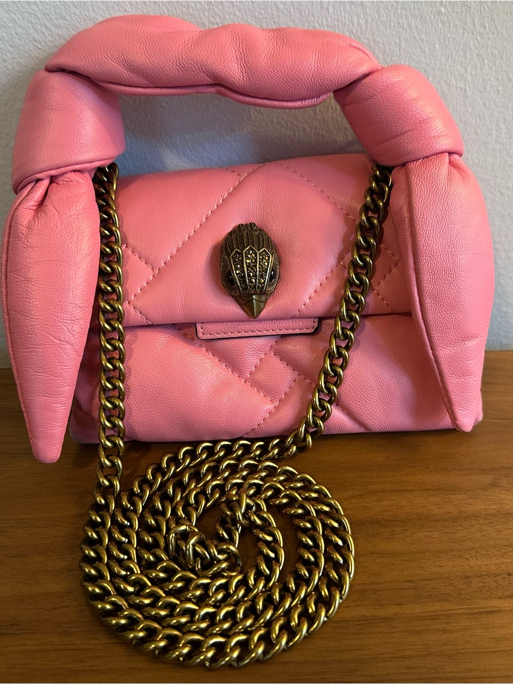 Kurt Geiger Pink Quilted Leather Top-Handle Crossbody with Gold Chain